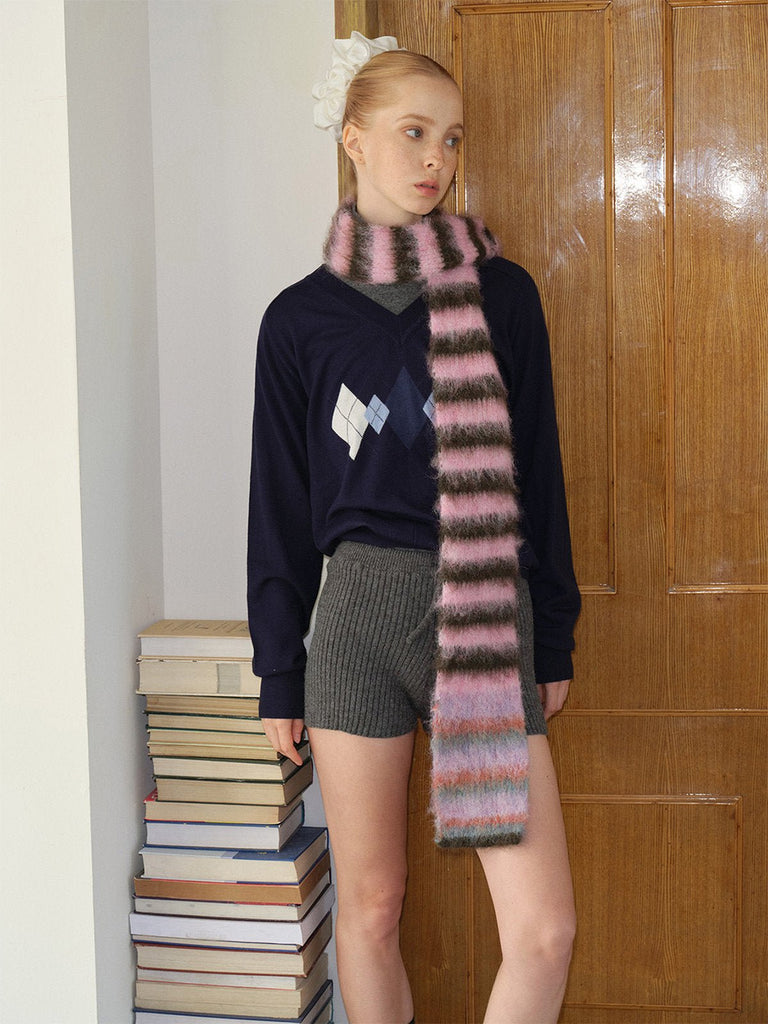 Écharpe en maille duveteuse, rayures multicolores, douce et chaude, style streetwear hivernal, longue écharpe fine, modèle tendance unisexe, modèle Fizie - Écharpe - Style 5