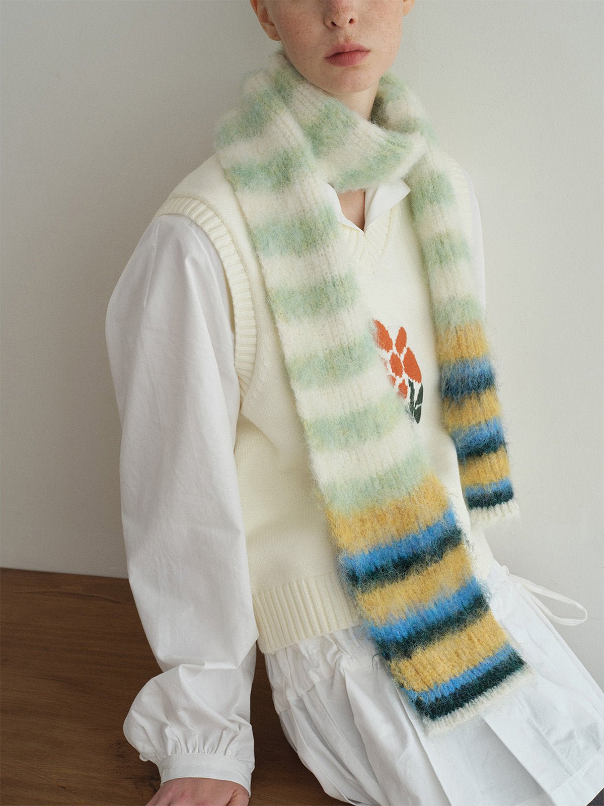 Écharpe en maille duveteuse, rayures multicolores, douce et chaude, style streetwear hivernal, longue écharpe fine, modèle tendance unisexe, modèle Fizie - Écharpe - Style 7