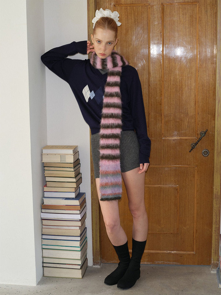 Écharpe en maille duveteuse, rayures multicolores, douce et chaude, style streetwear hivernal, longue écharpe fine, modèle tendance unisexe, modèle Fizie - Écharpe - Style 5