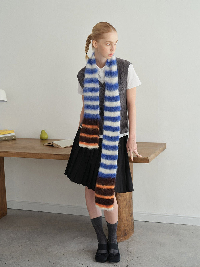 Écharpe en maille duveteuse, rayures multicolores, douce et chaude, style streetwear hivernal, longue écharpe fine, modèle tendance unisexe, modèle Fizie - Écharpe - Style 3