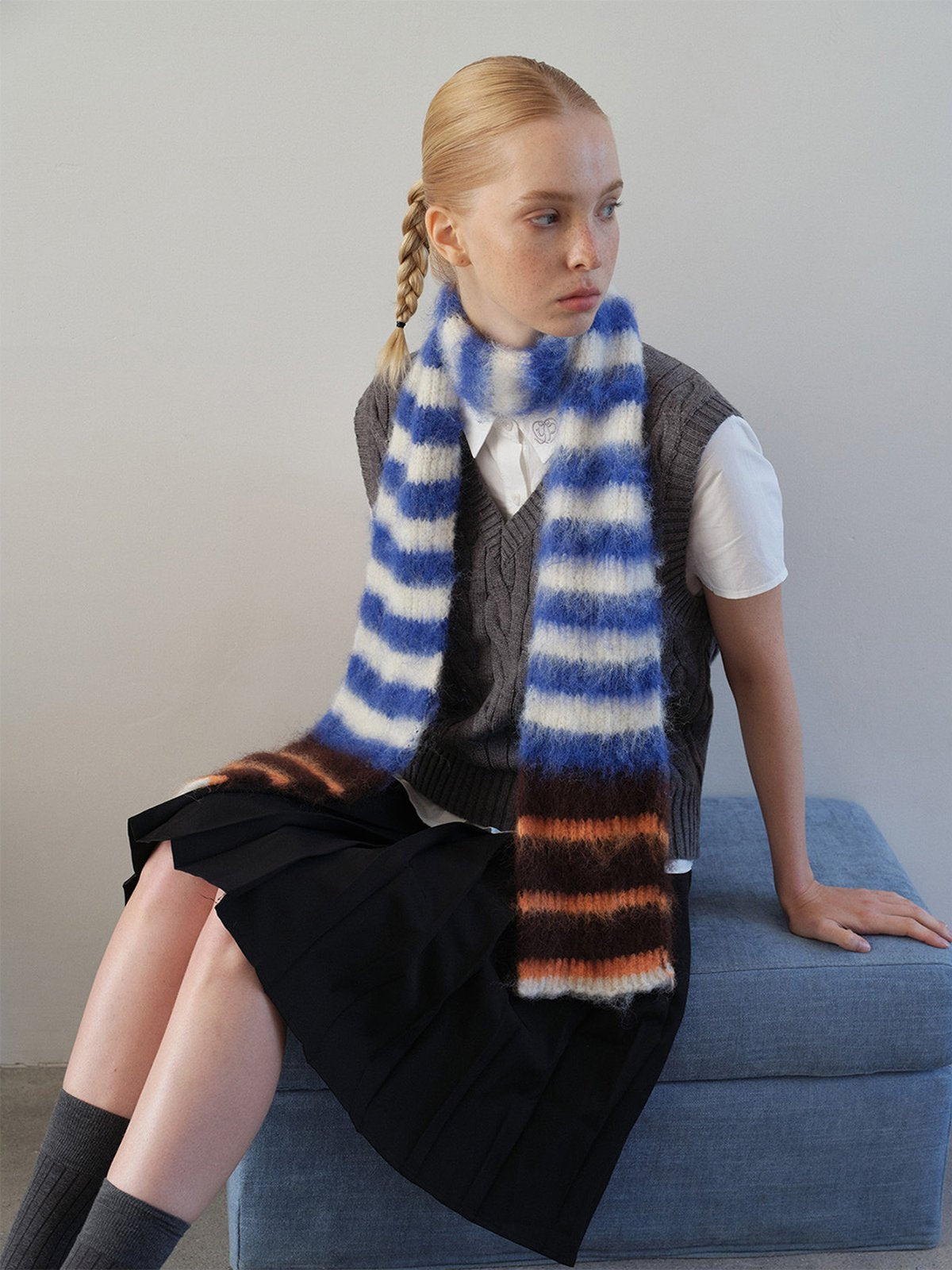 Écharpe en maille duveteuse, rayures multicolores, douce et chaude, style streetwear hivernal, longue écharpe fine, modèle tendance unisexe, modèle Fizie - Écharpe - Style 3