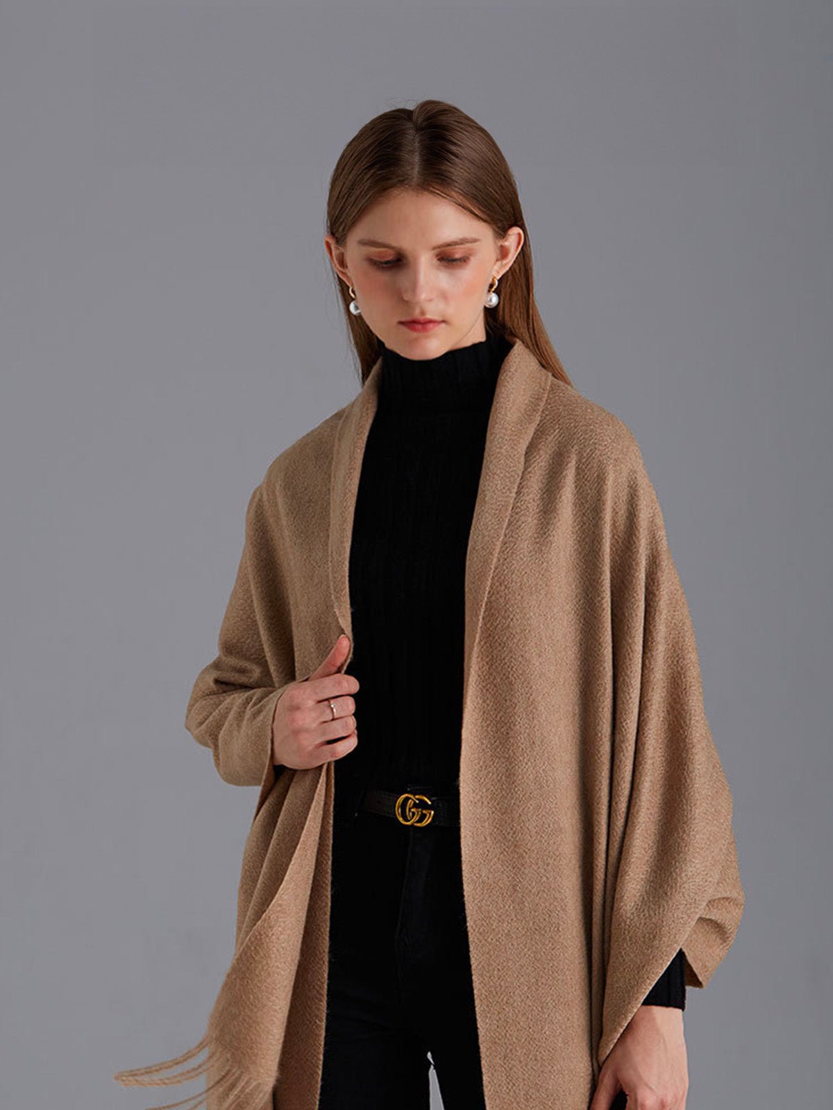 Écharpe en pure cachemire femme, grande écharpe douce, camel longue, chaude automne et hiver, écharpe luxe à franges, modèle Margèle - Écharpe - Camel