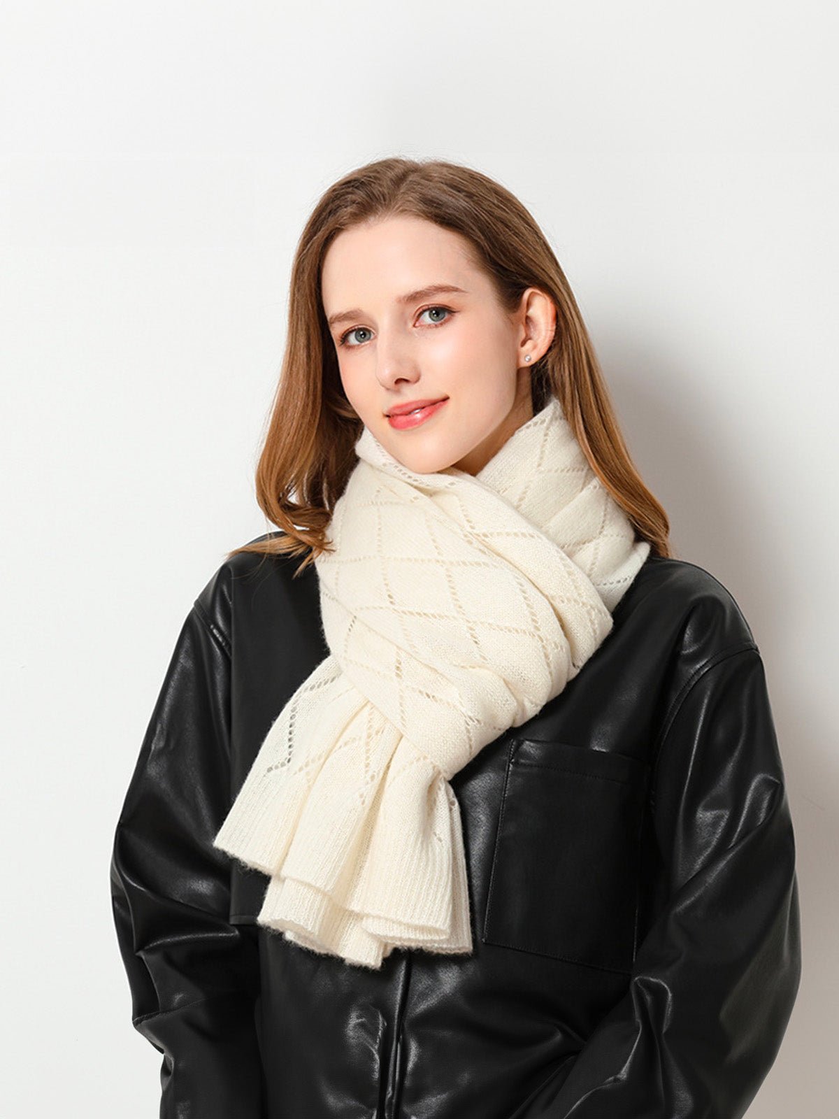 Écharpe en pure cachemire femme, tricot respirant, grande écharpe ajourée, douce et chaude, accessoire hiver chic, modèle Sandy - Écharpe - Blanc