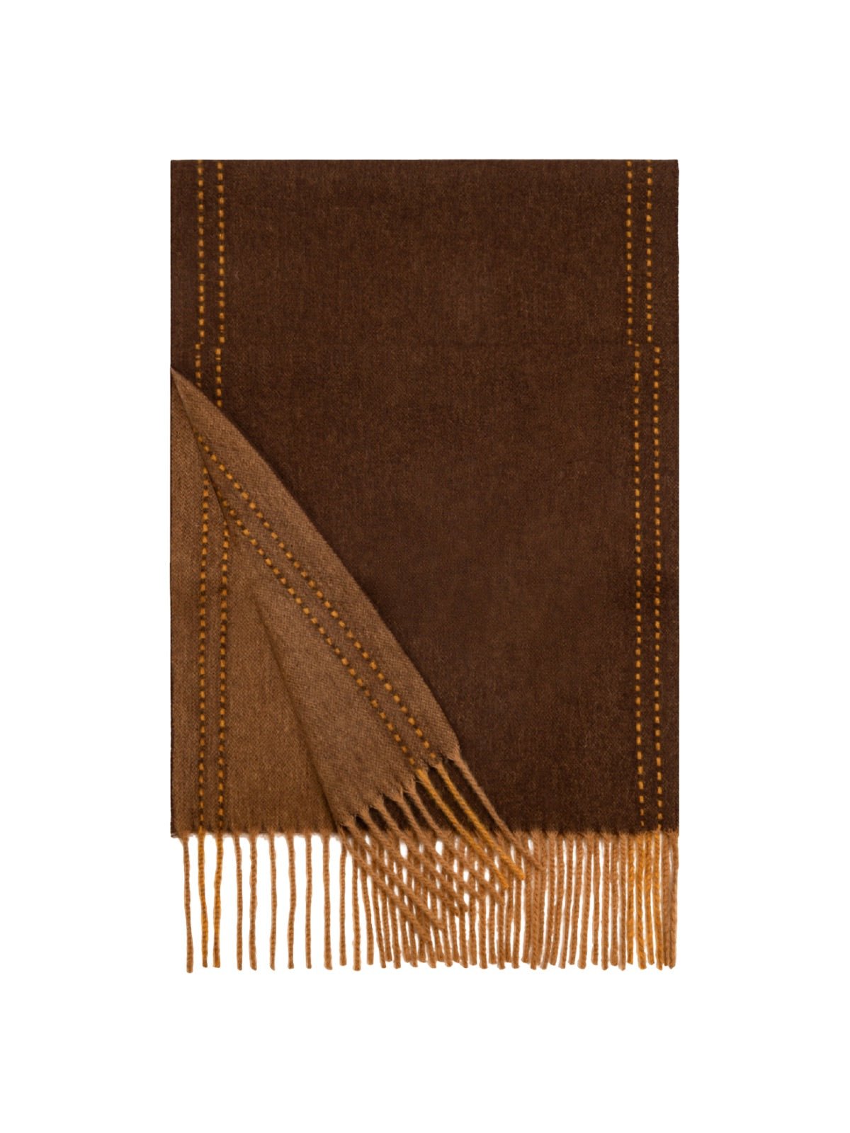 Écharpe en pure laine, double face, écharpe longue hiver, accessoire doux et chaud, écharpe à franges femme, modèle Wizie - Écharpe - Marron