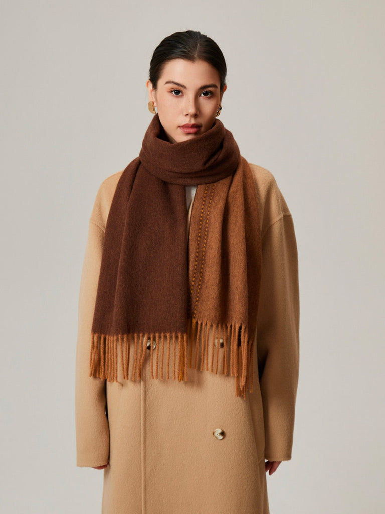 Écharpe en pure laine, double face, écharpe longue hiver, accessoire doux et chaud, écharpe à franges femme, modèle Wizie - Écharpe - Marron