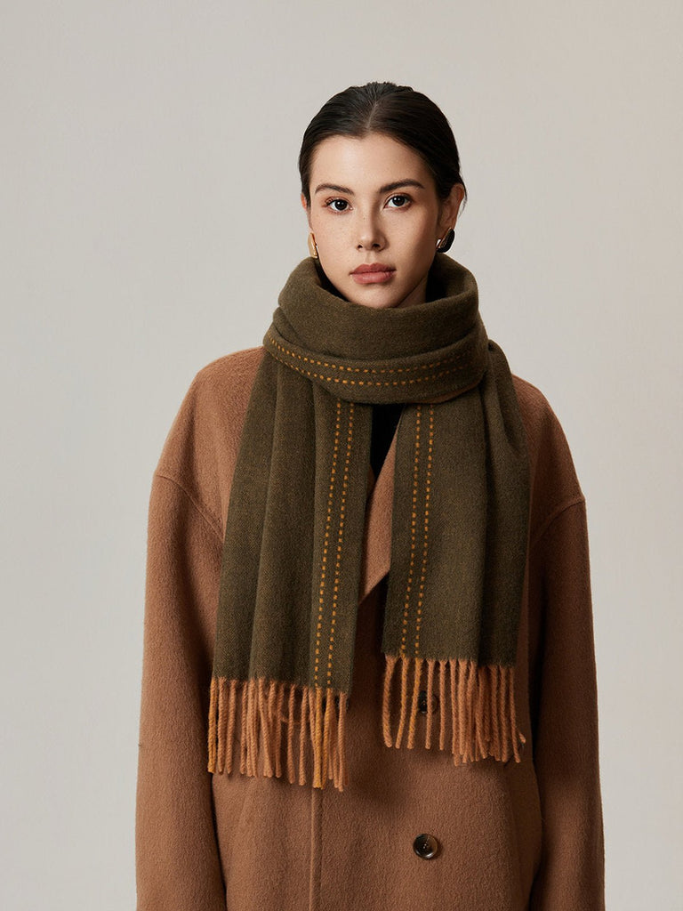 Écharpe en pure laine, double face, écharpe longue hiver, accessoire doux et chaud, écharpe à franges femme, modèle Wizie - Écharpe - Marron