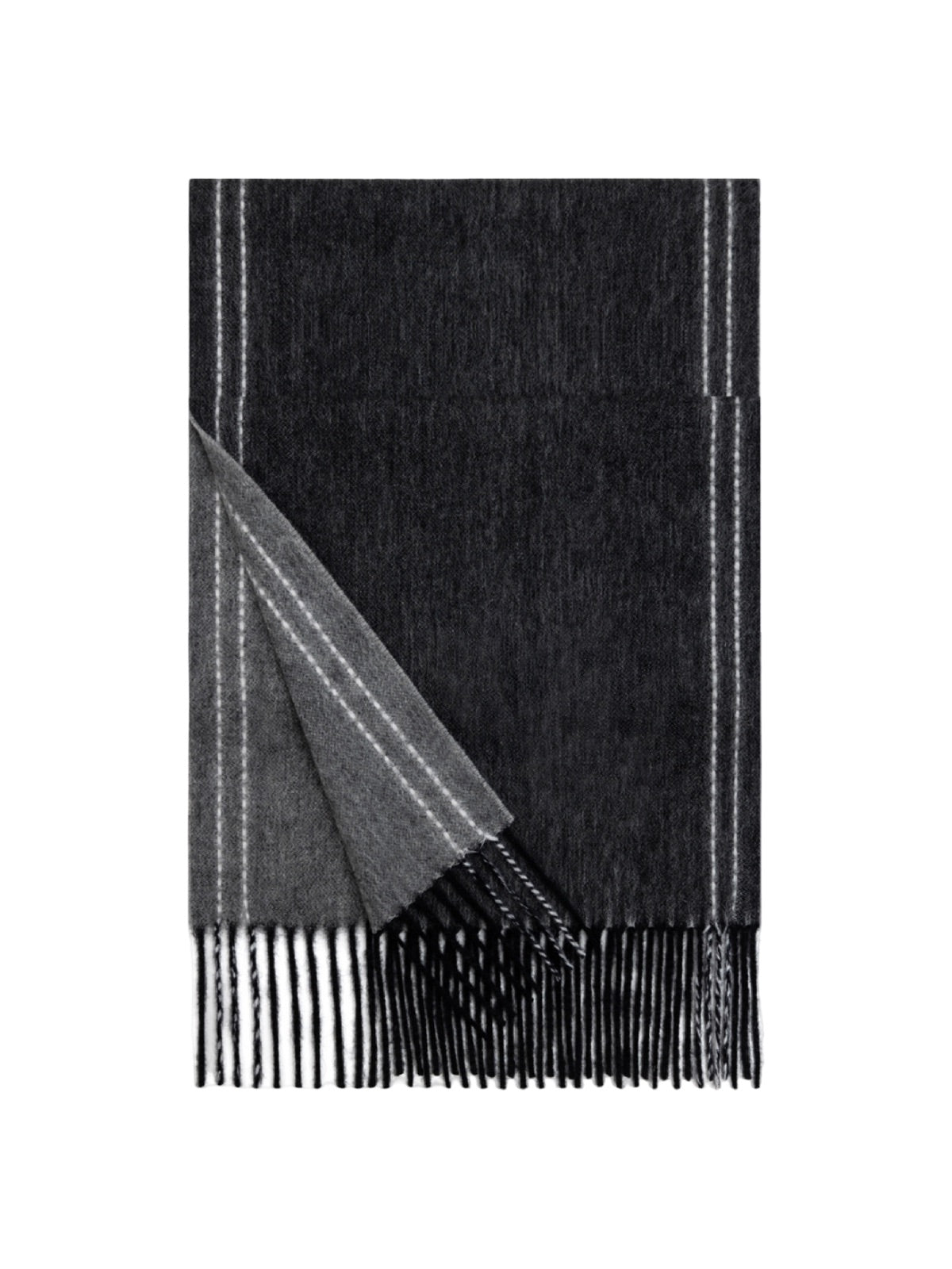 Écharpe en pure laine, double face, écharpe longue hiver, accessoire doux et chaud, écharpe à franges femme, modèle Wizie - Écharpe - Gris foncé