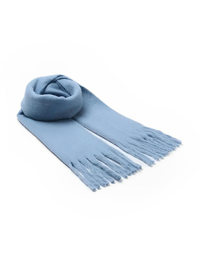 Écharpe femme hiver, longue écharpe chaude, frangée douce, maille unie, 40x210 cm, modèle Justine - Écharpe - Bleu