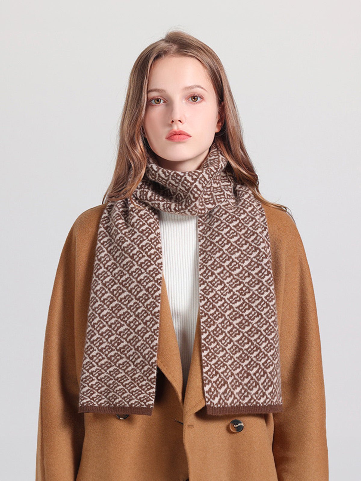 Écharpe femme pure laine, motif géométrique, douce et chaude, style hivernal, 160 cm, double coloris naturel, modèle Téa - Écharpe - Marron