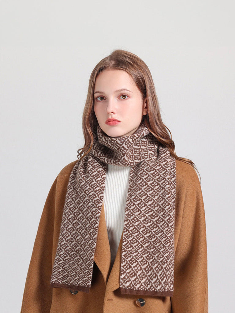 Écharpe femme pure laine, motif géométrique, douce et chaude, style hivernal, 160 cm, double coloris naturel, modèle Téa - Écharpe - Marron