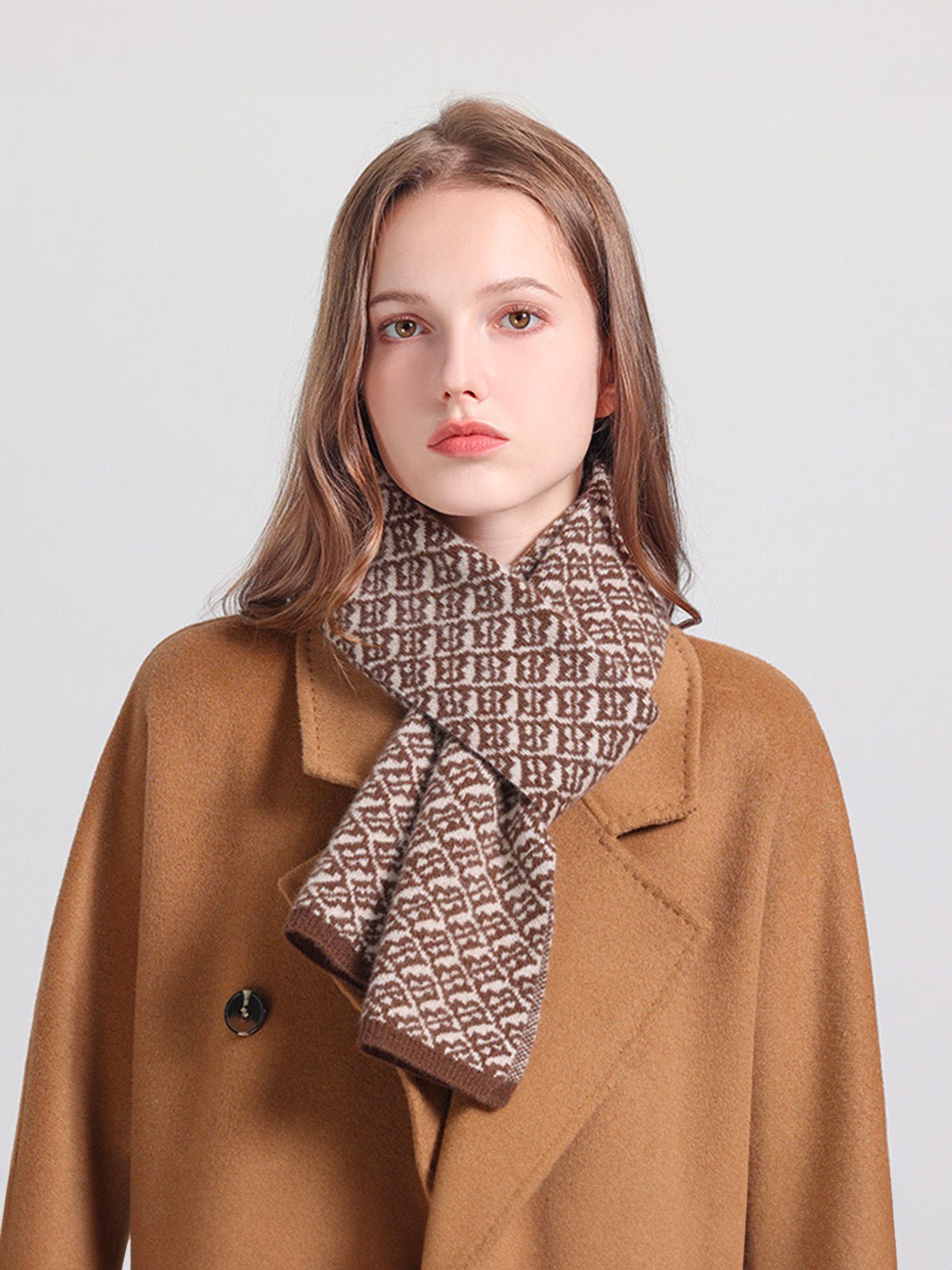 Écharpe femme pure laine, motif géométrique, douce et chaude, style hivernal, 160 cm, double coloris naturel, modèle Téa - Écharpe - Marron
