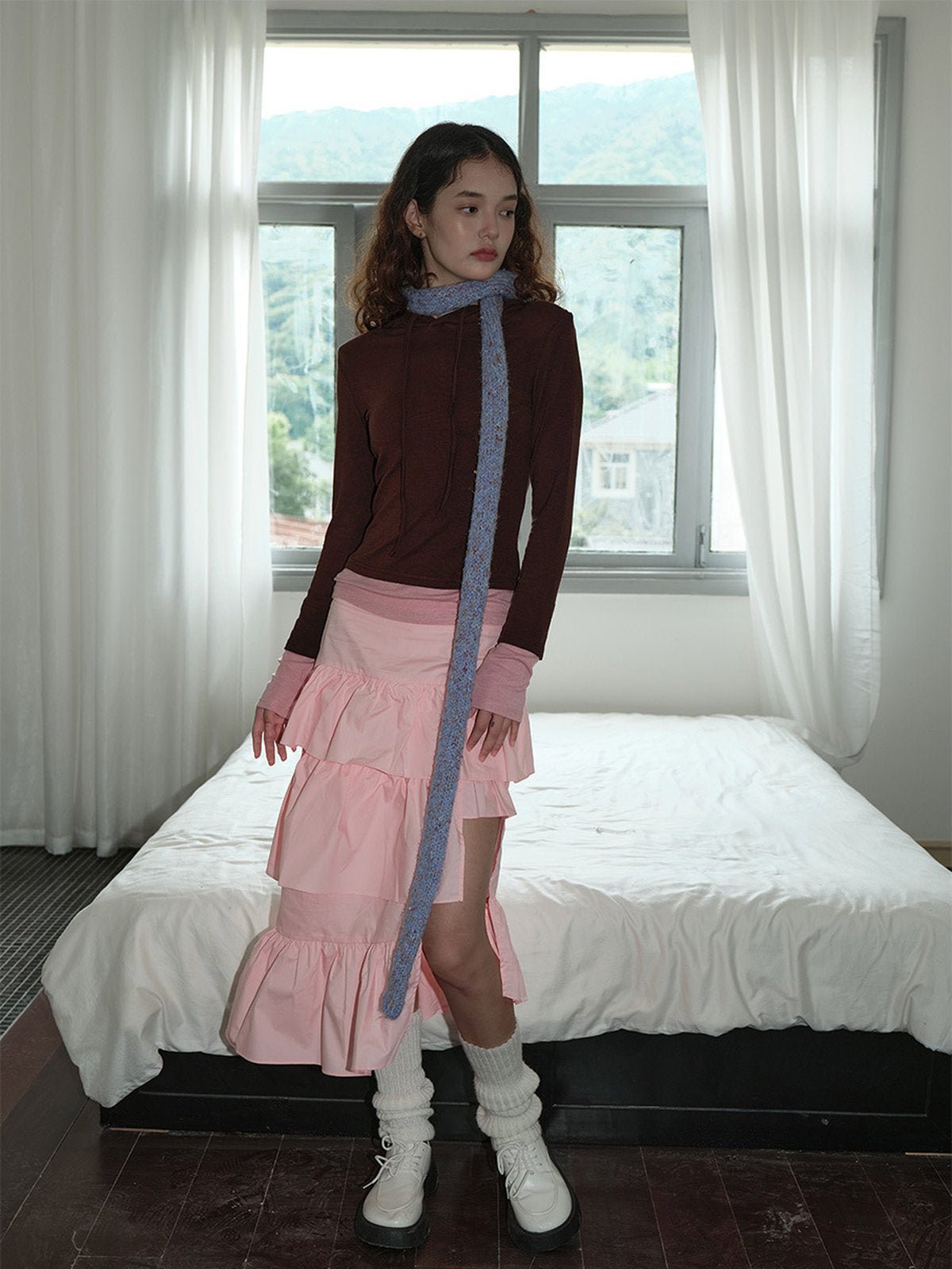 Écharpe fine femme hiver, tricotée à la main, longue et étroite, toucher doux, coloris pastel chiné, accessoire chaud et léger, modèle Icy - Écharpe - Bleu