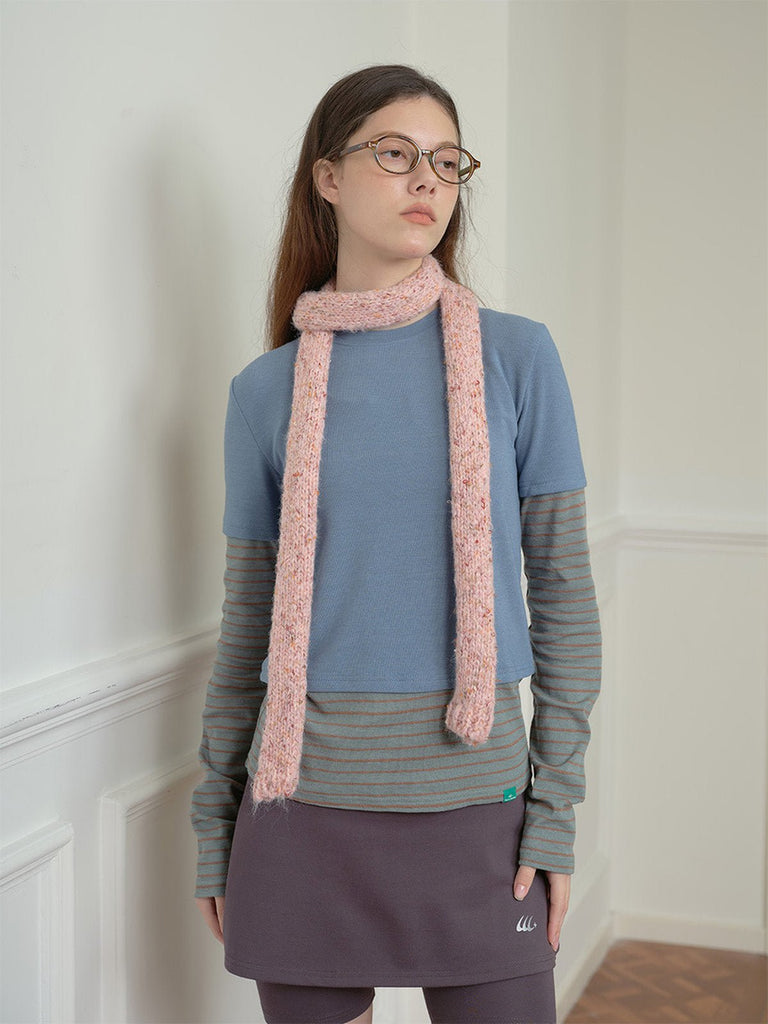 Écharpe fine femme hiver, tricotée à la main, longue et étroite, toucher doux, coloris pastel chiné, accessoire chaud et léger, modèle Icy - Écharpe - Rose