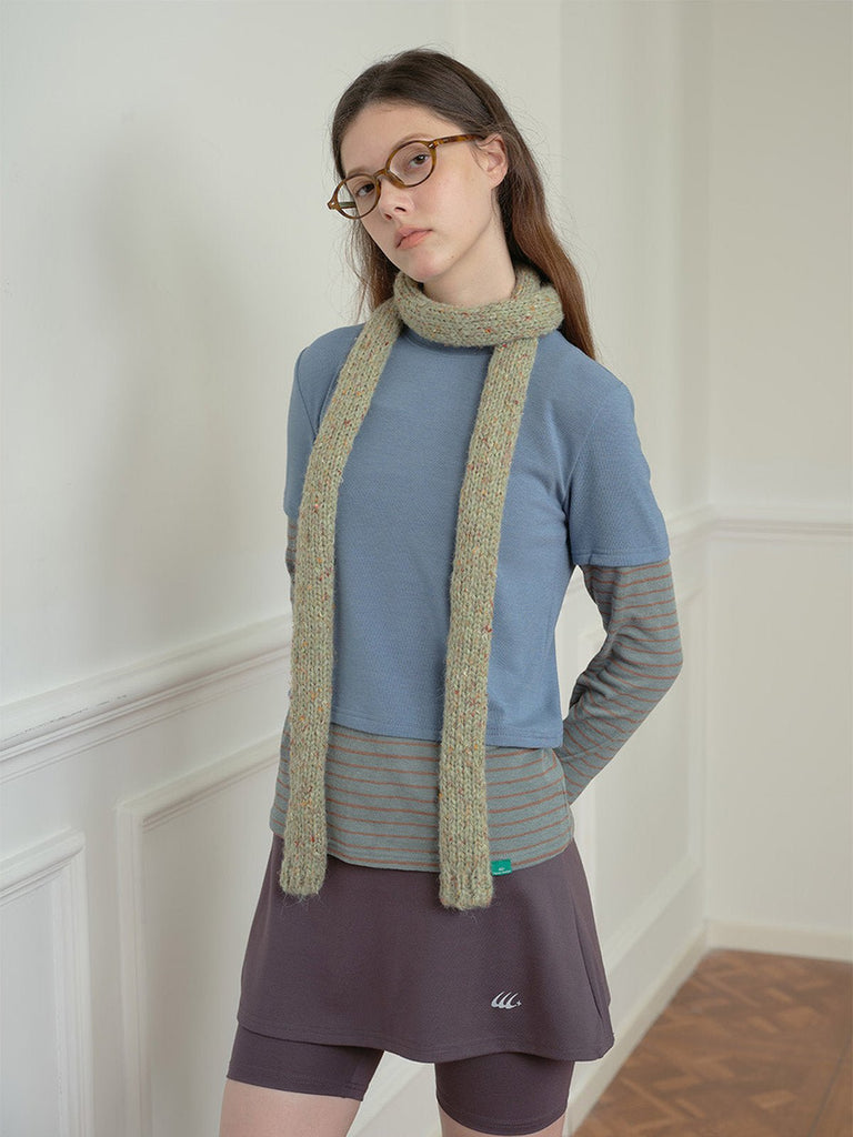 Écharpe fine femme hiver, tricotée à la main, longue et étroite, toucher doux, coloris pastel chiné, accessoire chaud et léger, modèle Icy - Écharpe - Vert