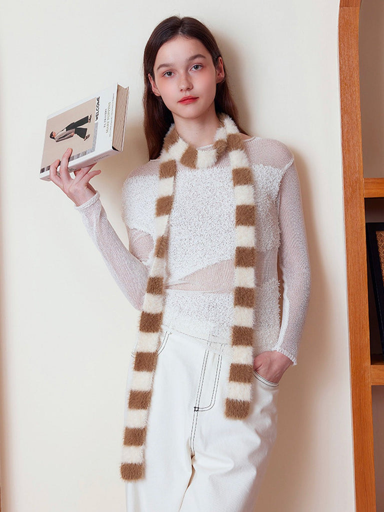 Écharpe fine rayée femme, écharpe douce et longue, écharpe hiver colorée, écharpe fine en nylon, écharpe chaude pour l'hiver, modèle Insy - Écharpe - Blanc et camel