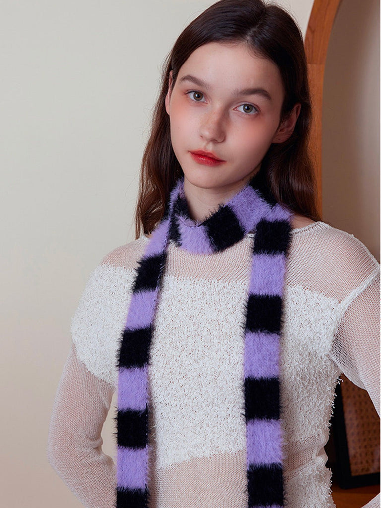 Écharpe fine rayée femme, écharpe douce et longue, écharpe hiver colorée, écharpe fine en nylon, écharpe chaude pour l'hiver, modèle Insy - Écharpe - Violet et noir