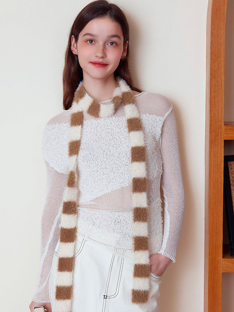 Écharpe fine rayée femme, écharpe douce et longue, écharpe hiver colorée, écharpe fine en nylon, écharpe chaude pour l'hiver, modèle Insy - Écharpe - Blanc et camel