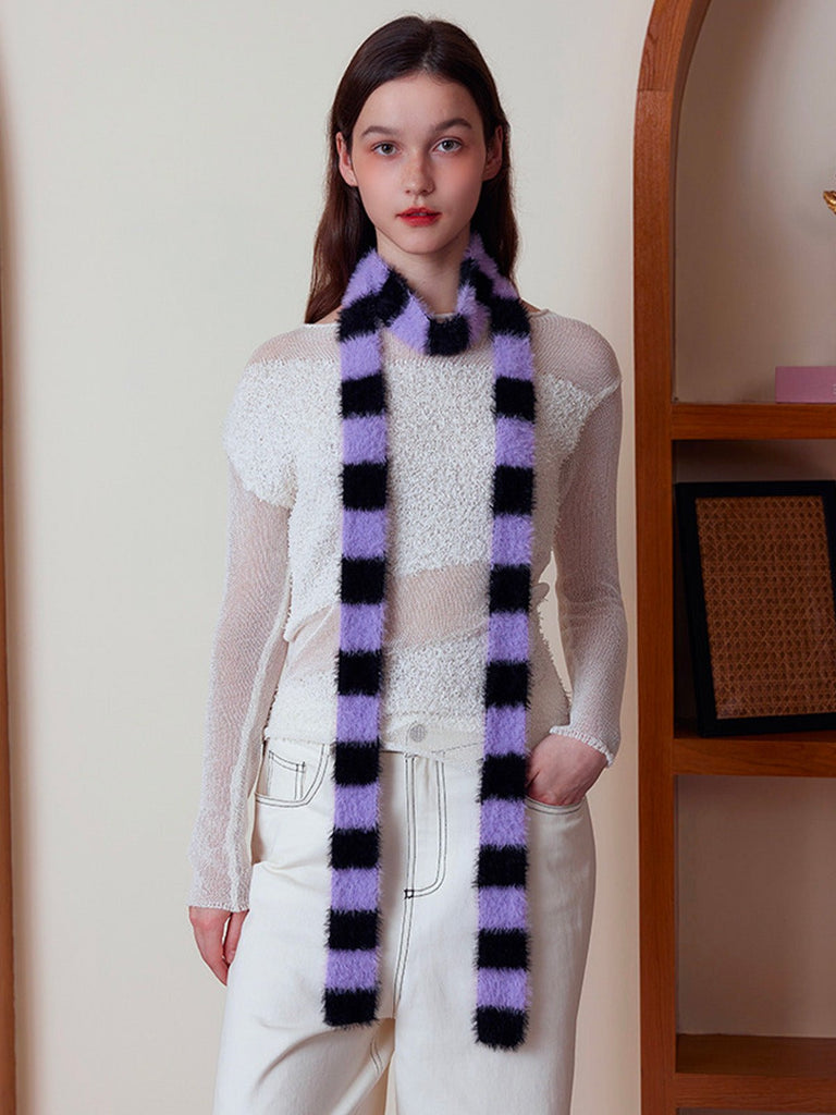 Écharpe fine rayée femme, écharpe douce et longue, écharpe hiver colorée, écharpe fine en nylon, écharpe chaude pour l'hiver, modèle Insy - Écharpe - Violet et noir