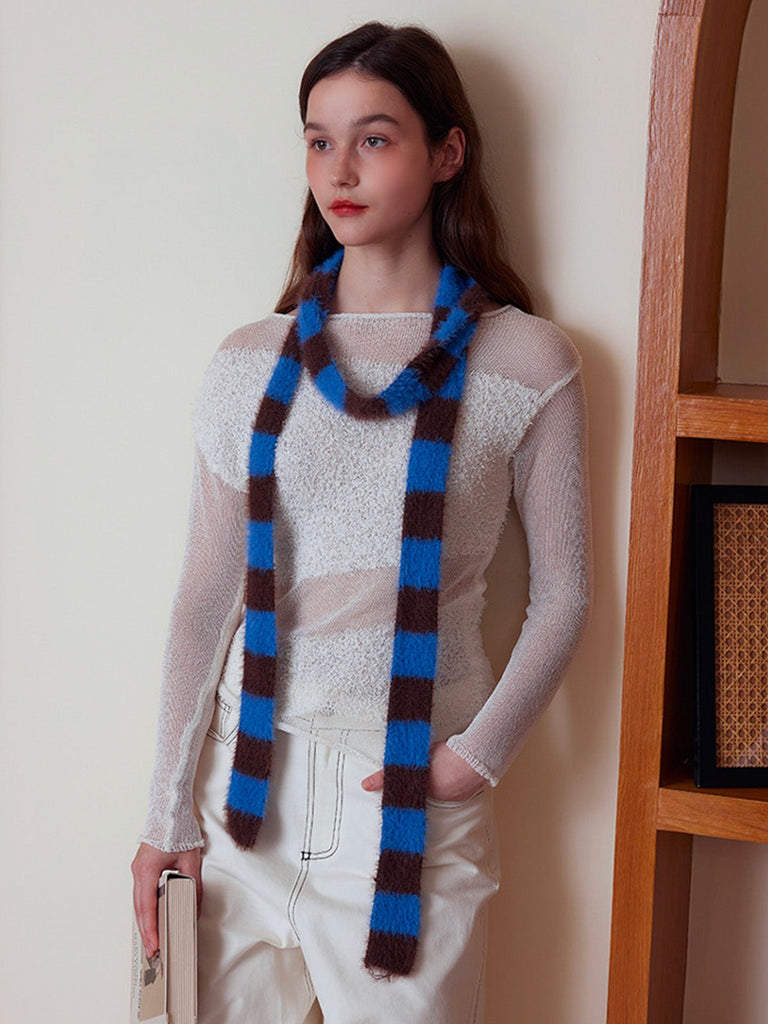 Écharpe fine rayée femme, écharpe douce et longue, écharpe hiver colorée, écharpe fine en nylon, écharpe chaude pour l'hiver, modèle Insy - Écharpe - Bleu et marron