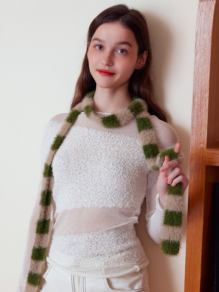 Écharpe fine rayée femme, écharpe douce et longue, écharpe hiver colorée, écharpe fine en nylon, écharpe chaude pour l'hiver, modèle Insy - Écharpe - Vert et beige