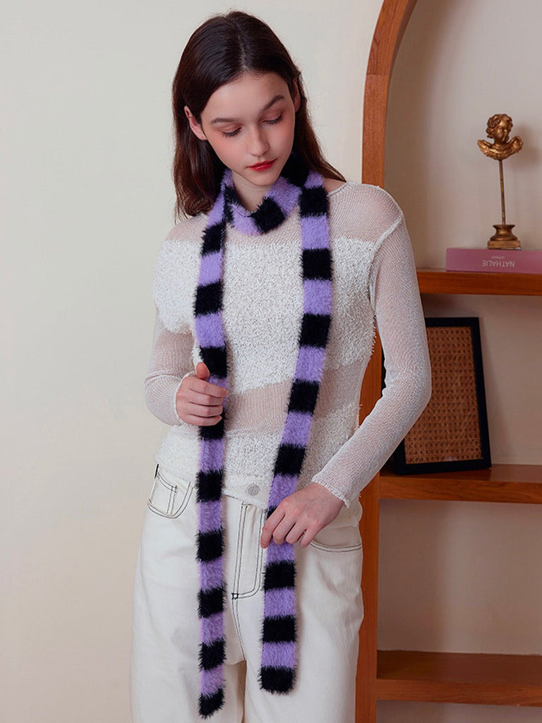 Écharpe fine rayée femme, écharpe douce et longue, écharpe hiver colorée, écharpe fine en nylon, écharpe chaude pour l'hiver, modèle Insy - Écharpe - Violet et noir