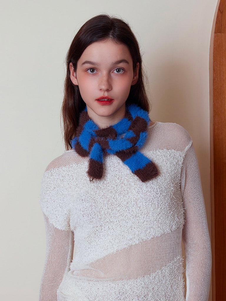 Écharpe fine rayée femme, écharpe douce et longue, écharpe hiver colorée, écharpe fine en nylon, écharpe chaude pour l'hiver, modèle Insy - Écharpe - Bleu et marron