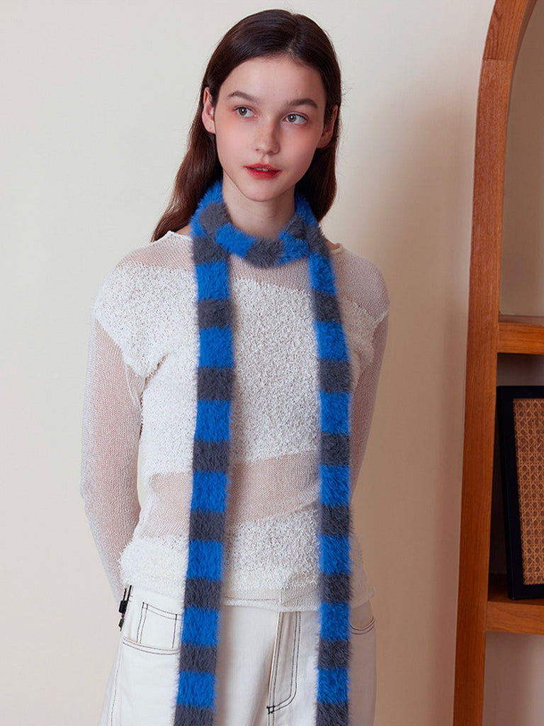 Écharpe fine rayée femme, écharpe douce et longue, écharpe hiver colorée, écharpe fine en nylon, écharpe chaude pour l'hiver, modèle Insy - Écharpe - Bleu et gris