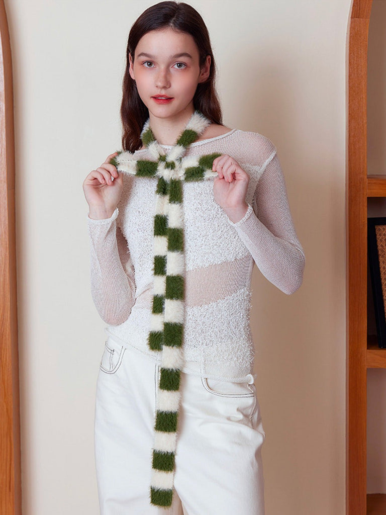 Écharpe fine rayée femme, écharpe douce et longue, écharpe hiver colorée, écharpe fine en nylon, écharpe chaude pour l'hiver, modèle Insy - Écharpe - Vert et blanc