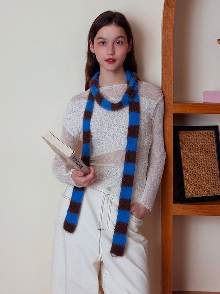 Écharpe fine rayée femme, écharpe douce et longue, écharpe hiver colorée, écharpe fine en nylon, écharpe chaude pour l'hiver, modèle Insy - Écharpe - Bleu et marron