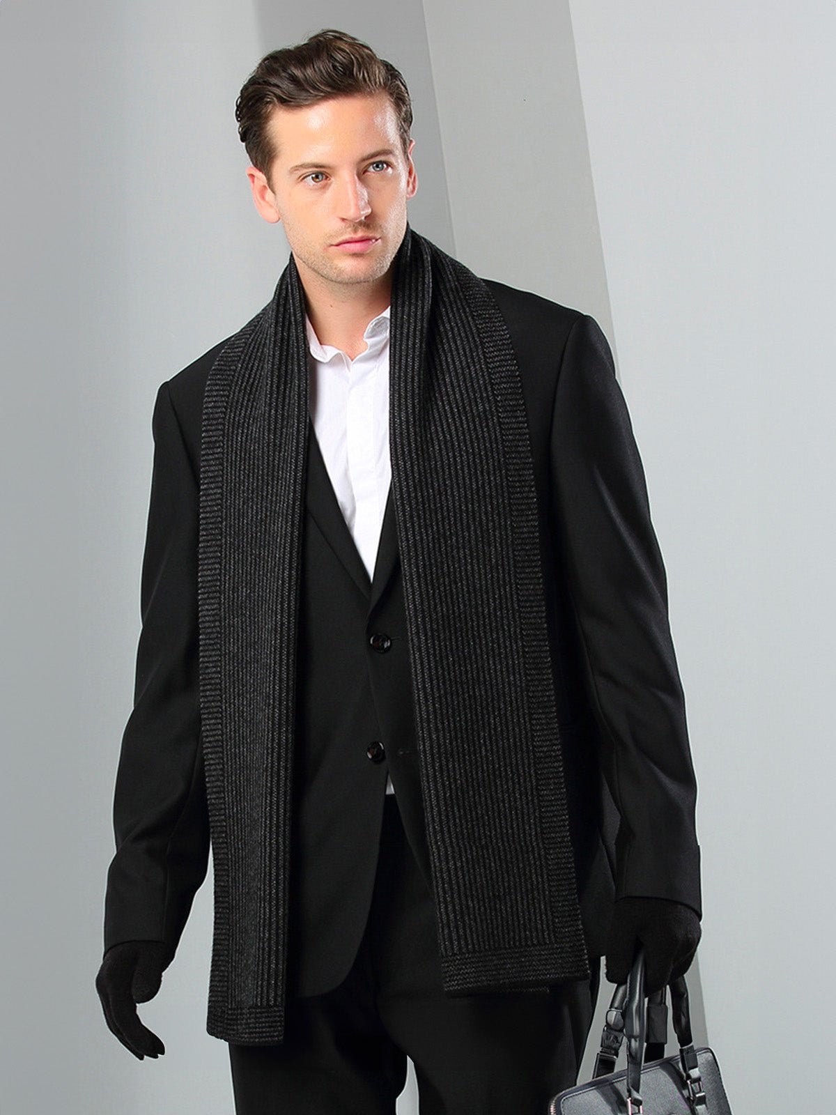 Écharpe homme cachemire hiver, laine douce chaude, motif discret gris, écharpe longue hiver, accessoire mode masculin, modèle Thomas - Écharpe - Noir