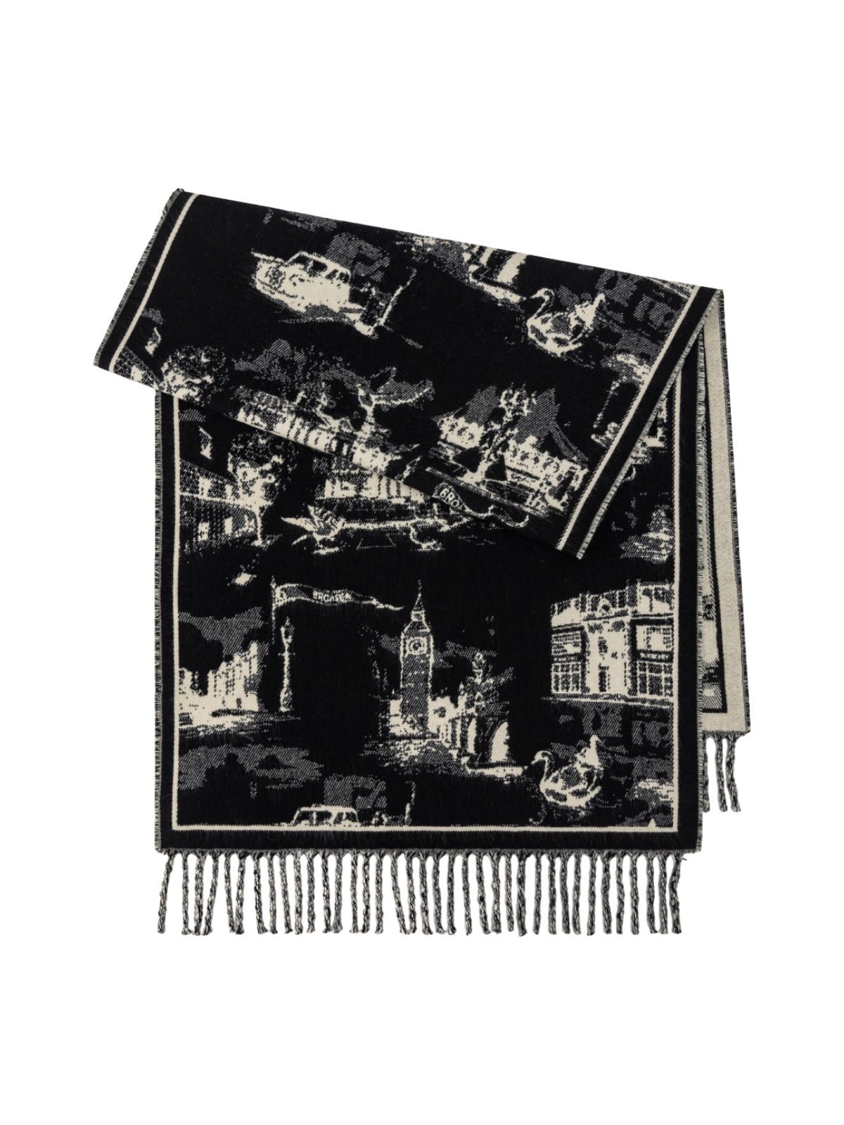 Écharpe jacquard réversible à motif urbain, grande écharpe à franges, douce et chaude, idéale bureau et extérieur, accessoire hiver femme, modèle Yomia - Écharpe - Noir et blanc