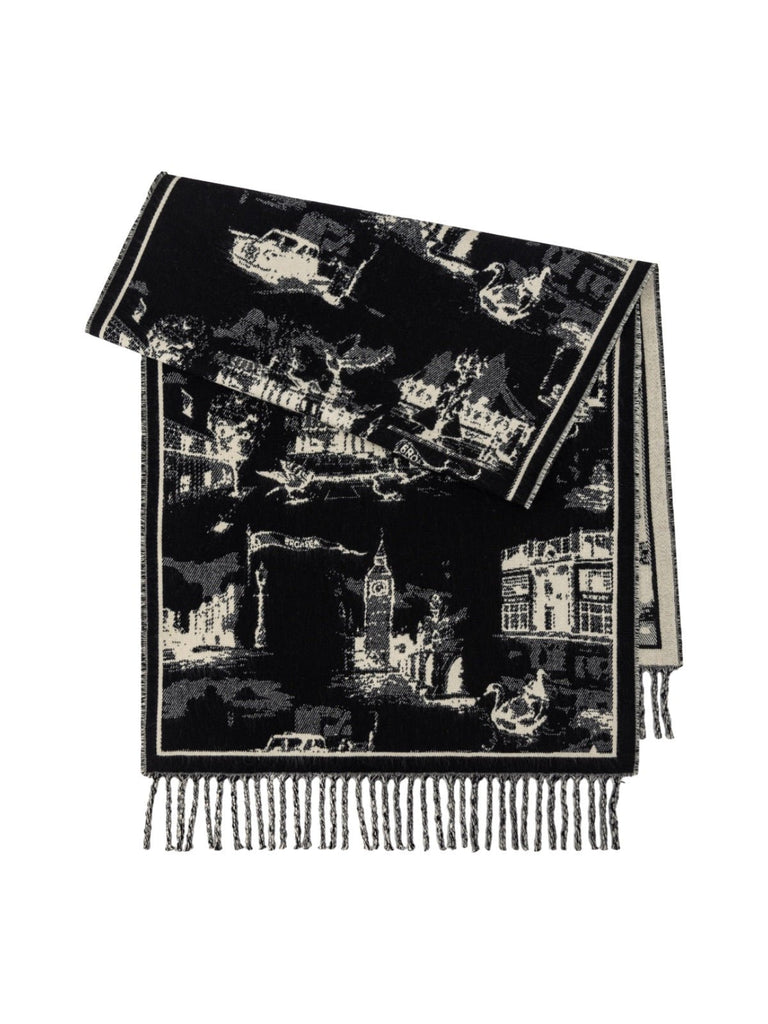 Écharpe jacquard réversible à motif urbain, grande écharpe à franges, douce et chaude, idéale bureau et extérieur, accessoire hiver femme, modèle Yomia - Écharpe - Noir et blanc