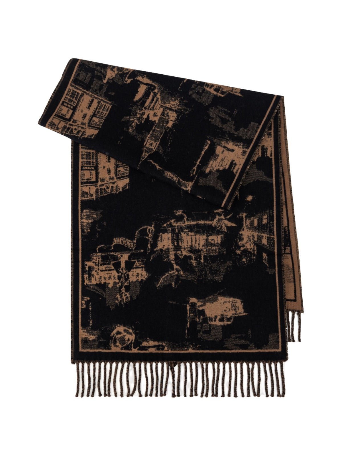 Écharpe jacquard réversible à motif urbain, grande écharpe à franges, douce et chaude, idéale bureau et extérieur, accessoire hiver femme, modèle Yomia - Écharpe - Noir et marron