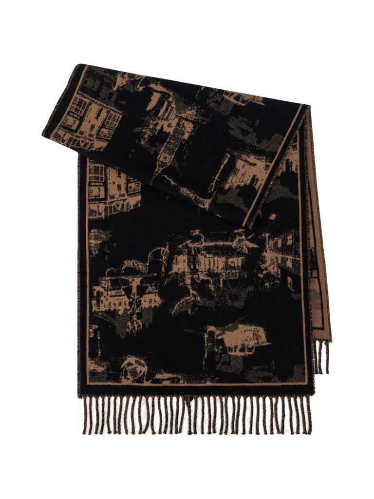 Écharpe jacquard réversible à motif urbain, grande écharpe à franges, douce et chaude, idéale bureau et extérieur, accessoire hiver femme, modèle Yomia - Écharpe - Noir et marron