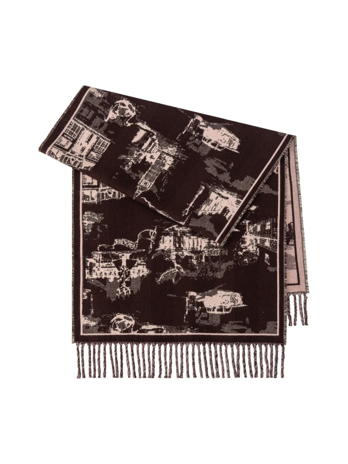 Écharpe jacquard réversible à motif urbain, grande écharpe à franges, douce et chaude, idéale bureau et extérieur, accessoire hiver femme, modèle Yomia - Écharpe - Marron et blanc