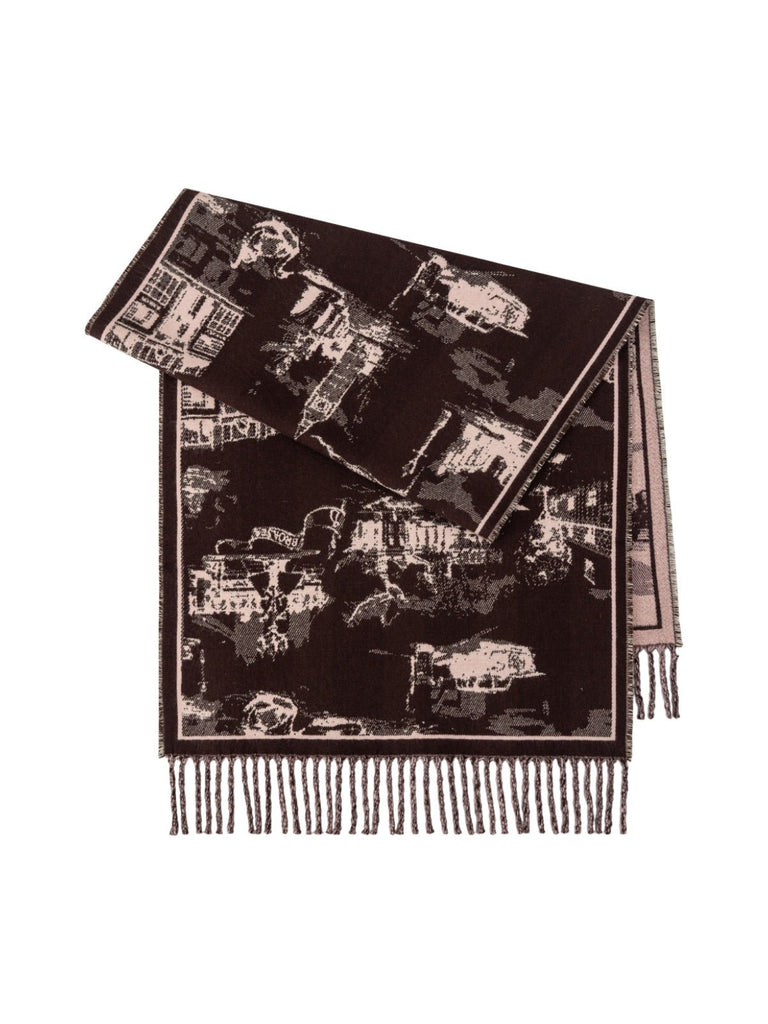 Écharpe jacquard réversible à motif urbain, grande écharpe à franges, douce et chaude, idéale bureau et extérieur, accessoire hiver femme, modèle Yomia - Écharpe - Marron et blanc