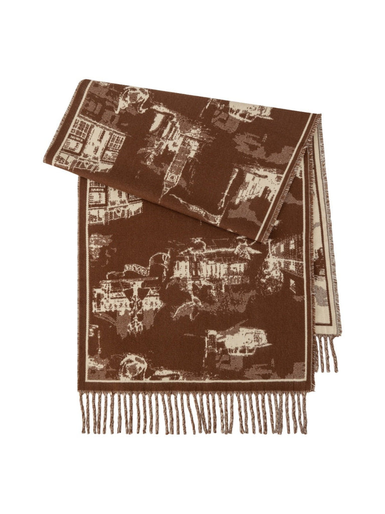 Écharpe jacquard réversible à motif urbain, grande écharpe à franges, douce et chaude, idéale bureau et extérieur, accessoire hiver femme, modèle Yomia - Écharpe - Camel et blanc