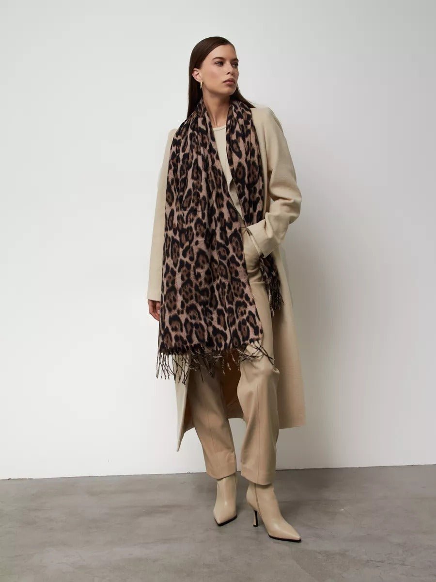 Écharpe léopard femme, douce et chaude, laine et éco - cachemire, grand format 180x70 cm, accessoire hiver chic, style audacieux et confortable, modèle Zorus - Écharpe - Beige
