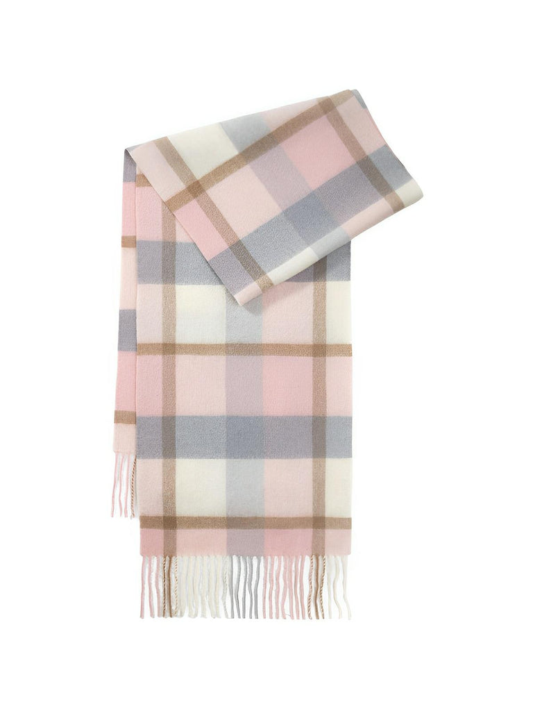 Écharpe longue 100% laine d’agneau, douce, à carreaux avec franges, accessoire chaud et raffiné pour l’hiver, modèle Dori - Écharpe - Rose