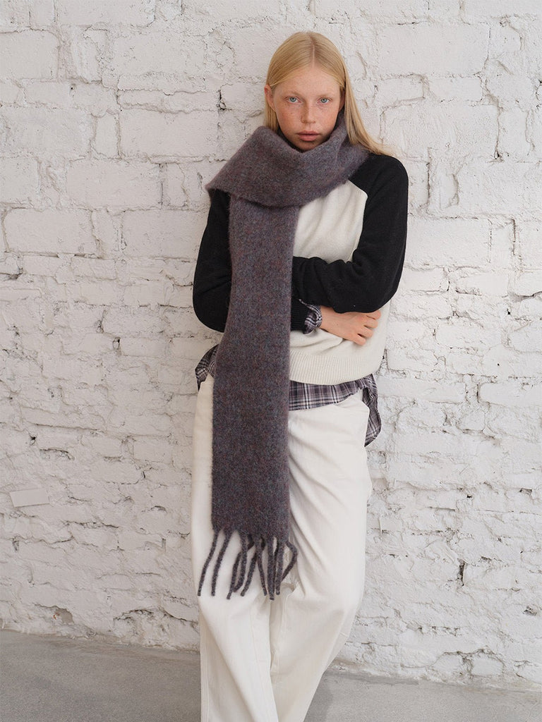 Écharpe longue douce hiver, laine mélangée chaude, coloris chinés, avec franges, accessoire cocooning chic, modèle Sodène - Écharpe - Gris rosé