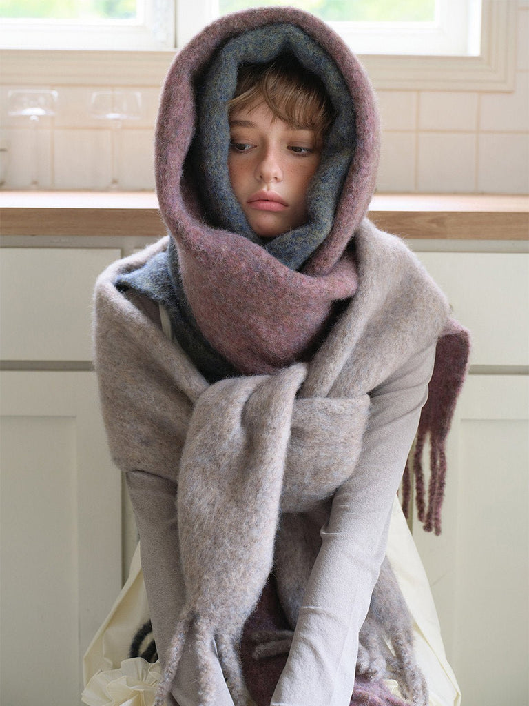 Écharpe longue douce hiver, laine mélangée chaude, coloris chinés, avec franges, accessoire cocooning chic, modèle Sodène - Écharpe - Rose