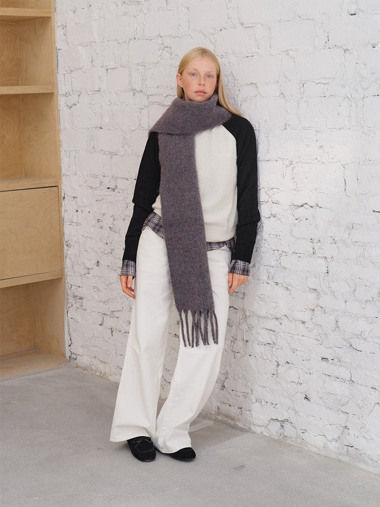 Écharpe longue douce hiver, laine mélangée chaude, coloris chinés, avec franges, accessoire cocooning chic, modèle Sodène - Écharpe - Gris rosé