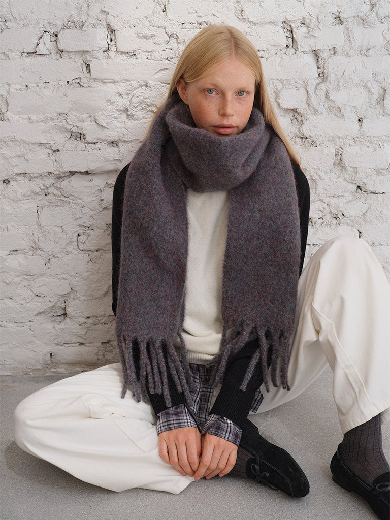 Écharpe longue douce hiver, laine mélangée chaude, coloris chinés, avec franges, accessoire cocooning chic, modèle Sodène - Écharpe - Gris rosé