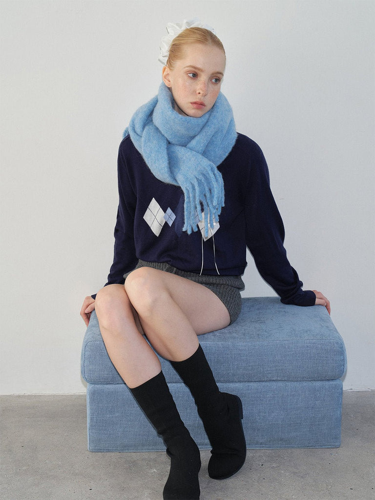 Écharpe longue femme hiver, laine alpaga douce, écharpe chaude à franges, accessoire cocooning hiver, écharpe moelleuse unie, modèle Laorie - Écharpe - Bleu