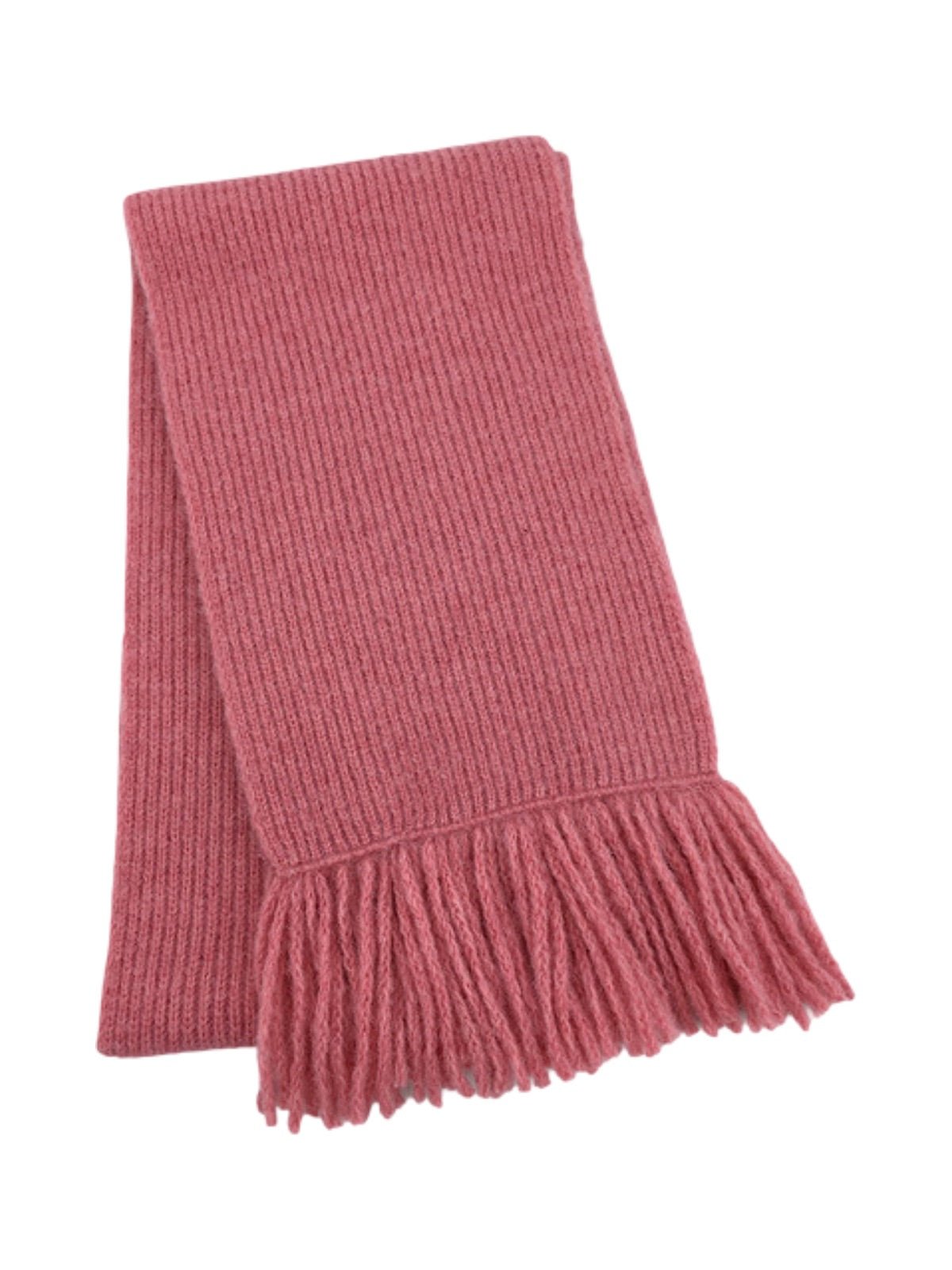 Écharpe longue hiver femme, tricot doux à franges, coloris unis, chaud et moelleux, style moderne casual, accessoire cocooning quotidien, modèle Mélona - Écharpe - Rose