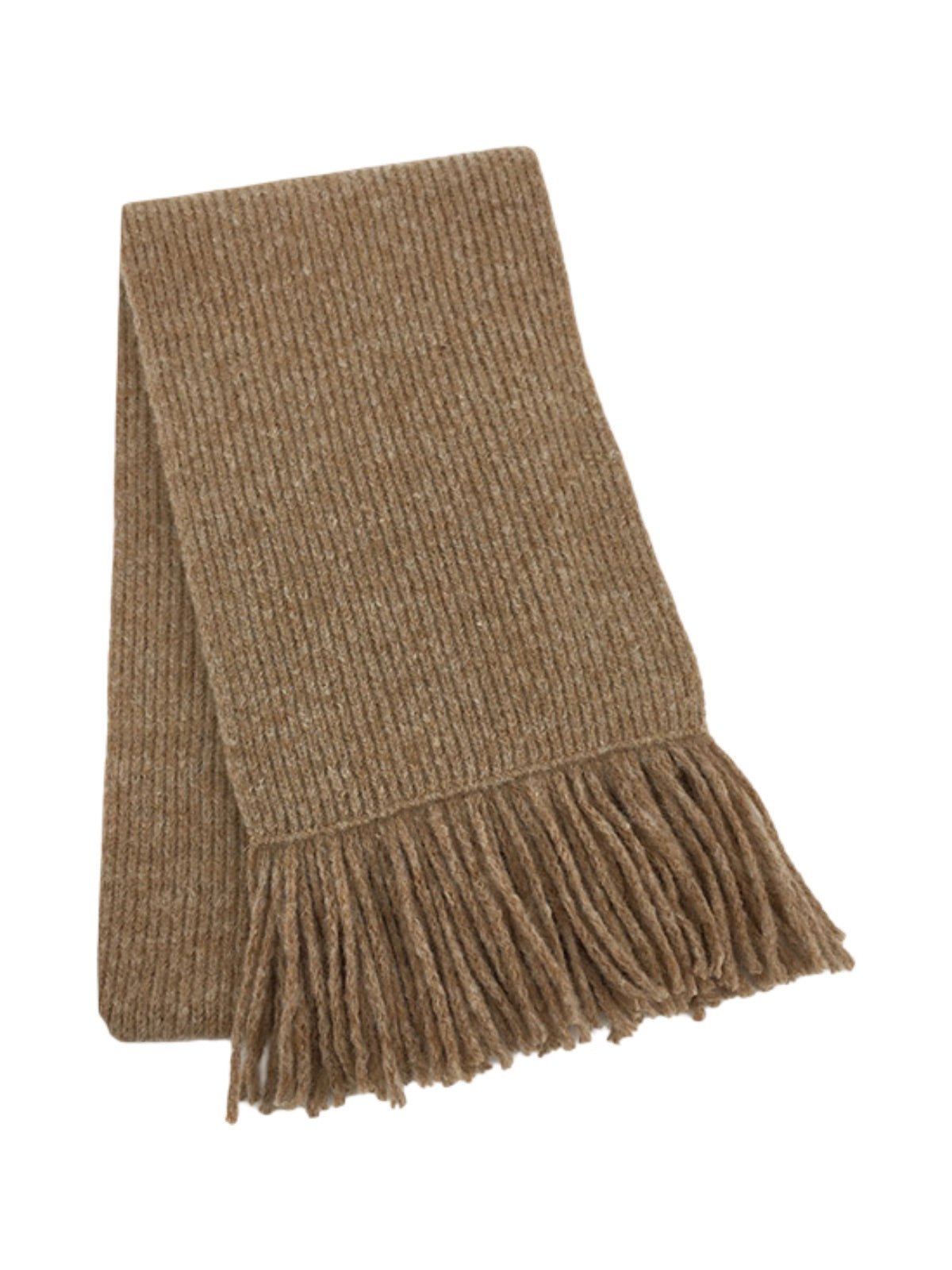 Écharpe longue hiver femme, tricot doux à franges, coloris unis, chaud et moelleux, style moderne casual, accessoire cocooning quotidien, modèle Mélona - Écharpe - Camel