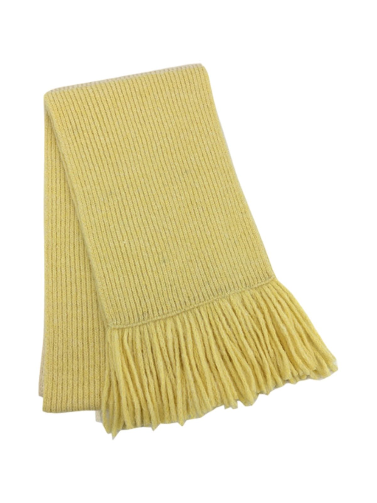 Écharpe longue hiver femme, tricot doux à franges, coloris unis, chaud et moelleux, style moderne casual, accessoire cocooning quotidien, modèle Mélona - Écharpe - Jaune