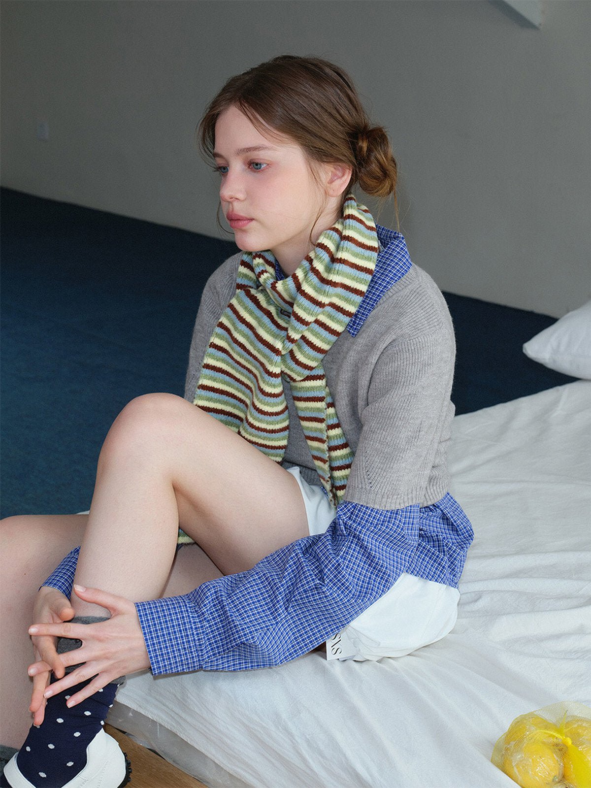 Écharpe longue rayée, maille douce hiver, motif géométrique noir rose ou vert anis, tricotée à rayures, chaude et moelleuse, modèle Nidenne - Écharpe - Vert