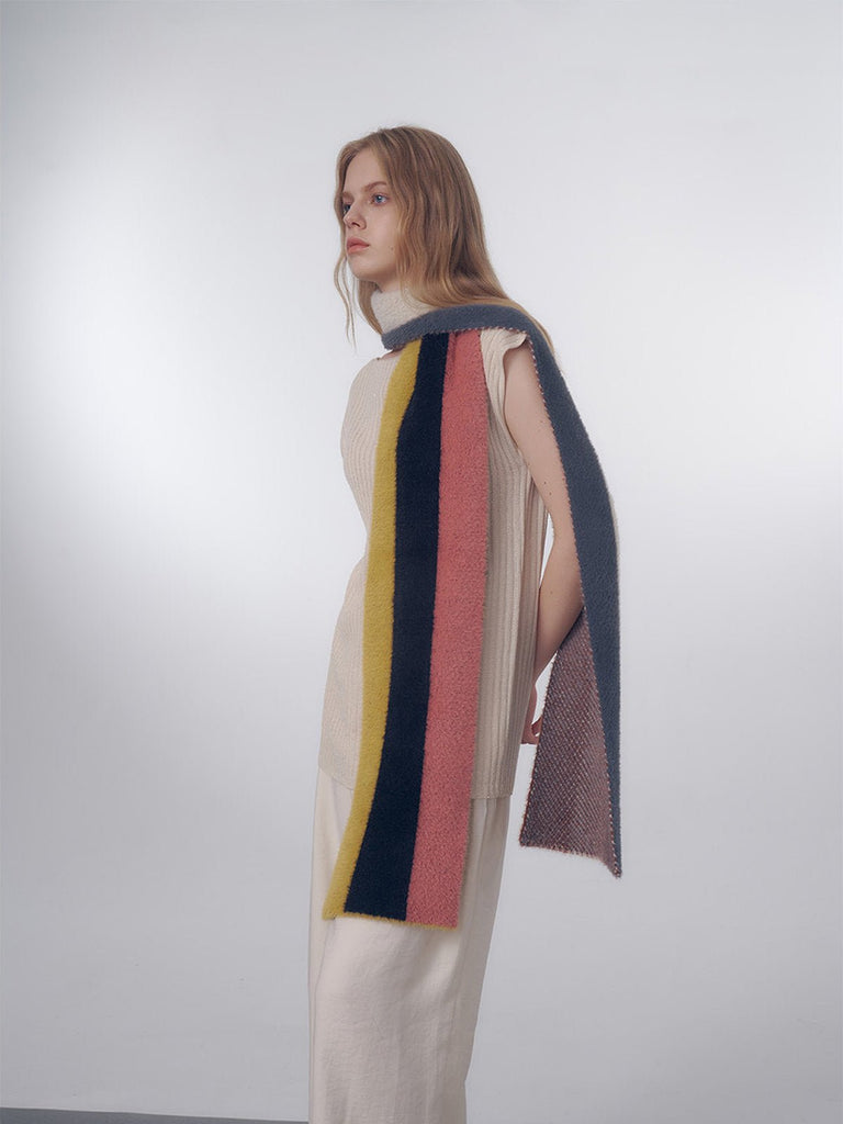 Écharpe longue rayée multicolore, laine duveteuse douce, chaude et légère, maille fine hiver, accessoires mode colorés, modèle Nadum - Écharpe - Style 1