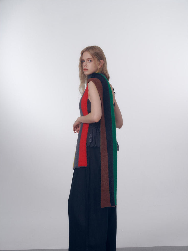Écharpe longue rayée multicolore, laine duveteuse douce, chaude et légère, maille fine hiver, accessoires mode colorés, modèle Nadum - Écharpe - Style 2